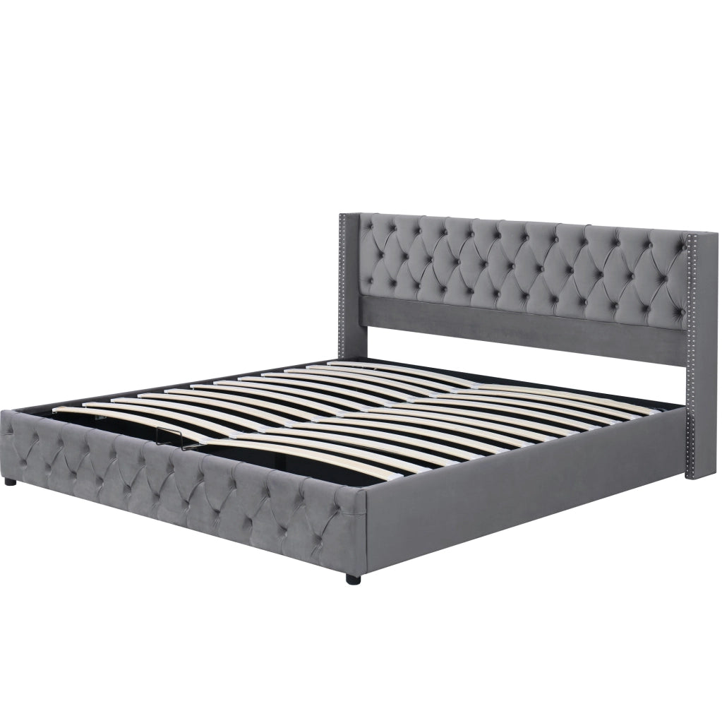 Letto matrimoniale imbottito Chesterfield con contenitore 140x190 cm in velluto grigio