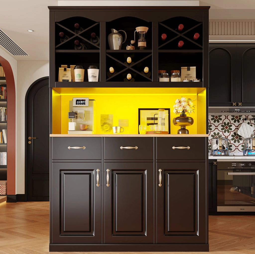 Credenza da cucina nera con LED, 3 ante e 3 cassetti