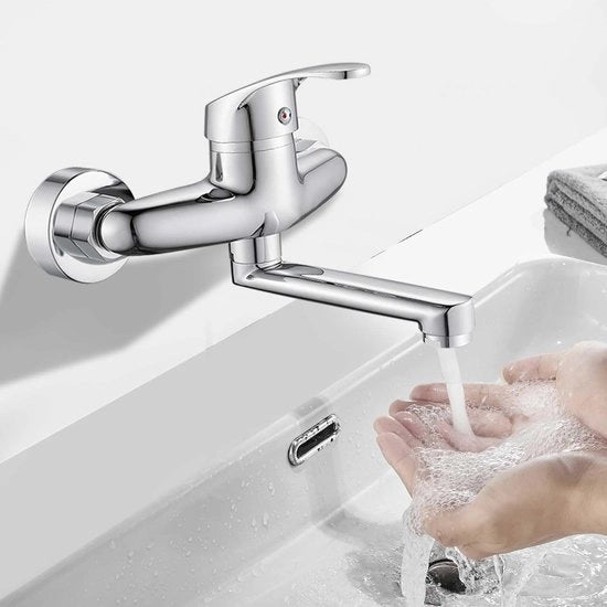 Wandmontata spina da cucina a 360 gradi, miscelatore da cucina a parete con vasca di scarico e rubinetto girevole, rubinetto da cucina con vasca di scarico e uscita rettilinea 16 cm