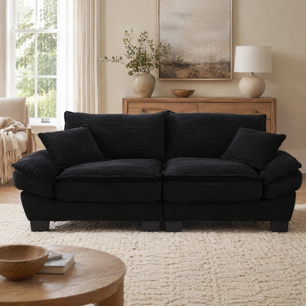 Divano a 2 posti in velluto nero 224x81x81 cm con braccioli imbottiti e cuscini