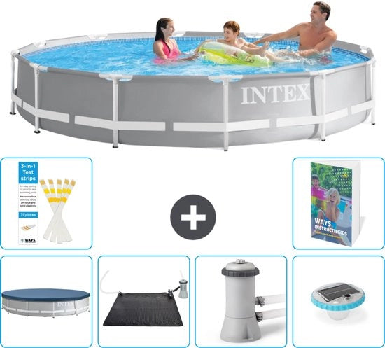 Piscina Rondo a Canna in Acciaio - 366 x 76 cm - Grigio - Inclusa Copertura Solare - Kit di Illuminazione - Pompaggio Piscina - 7 pezzi