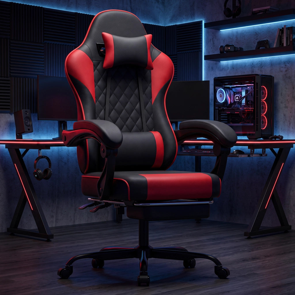 Sedia da gaming ergonomica nera e rossa in PVC