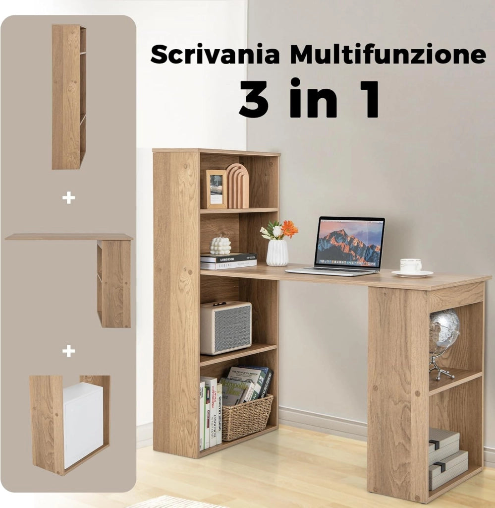 Scrivania per Computer con Libreria, Scrivania Moderna Porta PC con 6 Ripiani, Mobile Scrivania con Ripiani Regolabile Ampia Base per Casa, Ufficio (naturale)