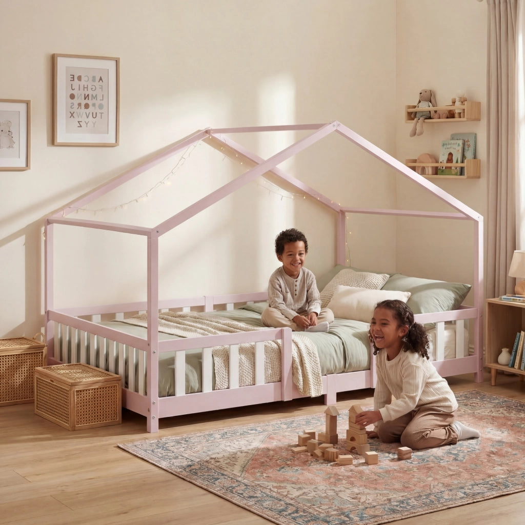 Letto per Cameretta Treviolo a Forma di Casetta in Stile Montessori 120x200 cm Rosa/Bianco [en.casa]