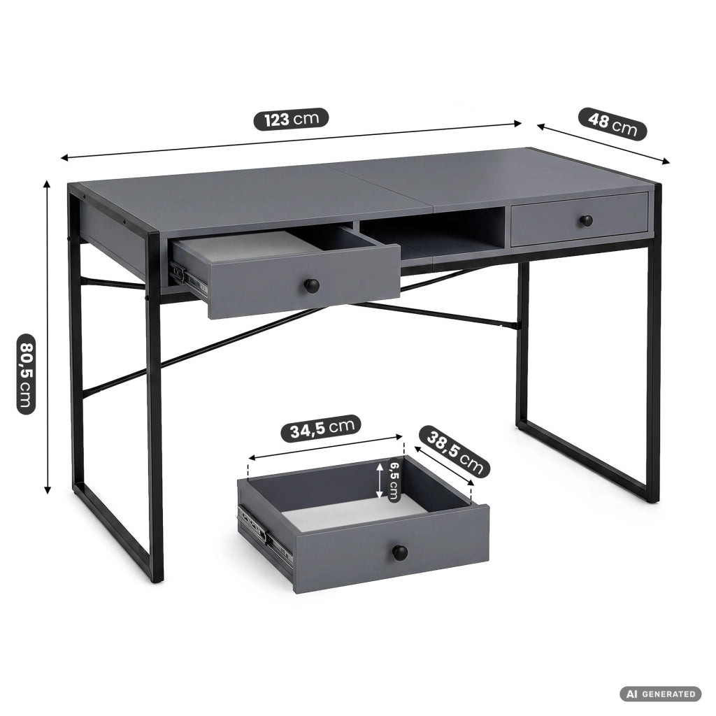 Scrivania industriale per computer Grafite ELONIS 123 cm 2 cassetti 1 ripiano gambe nere