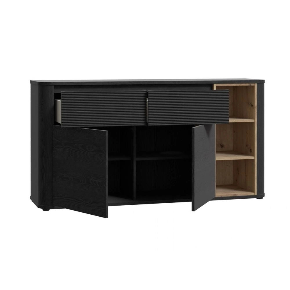 Madia Origin Core 2 ante 2 cassetti con vani a giorno 160 cm nero e dettaglio rovere