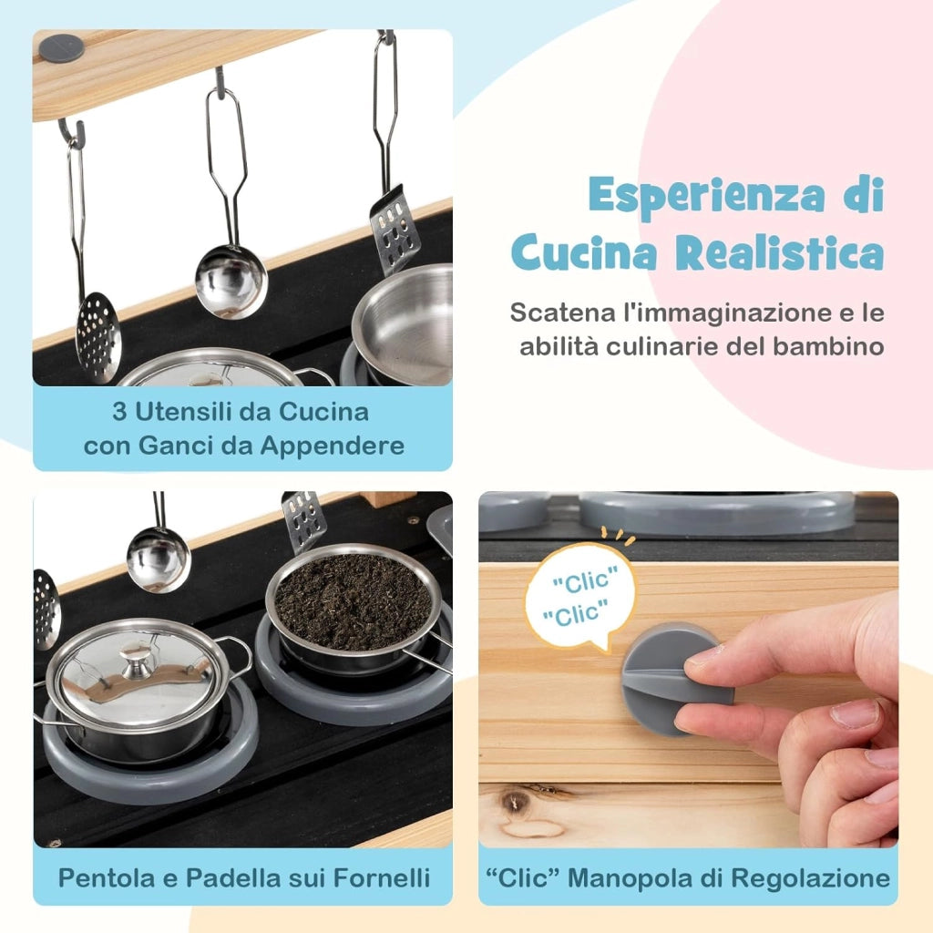 Cucina Giocattolo Bambini, Cucina da Esterno in Legno con 2 Lavandini Removibili, Piano Cottura e Utensili e Spazio di Archiviazione, 67 x 30 x 82 cm
