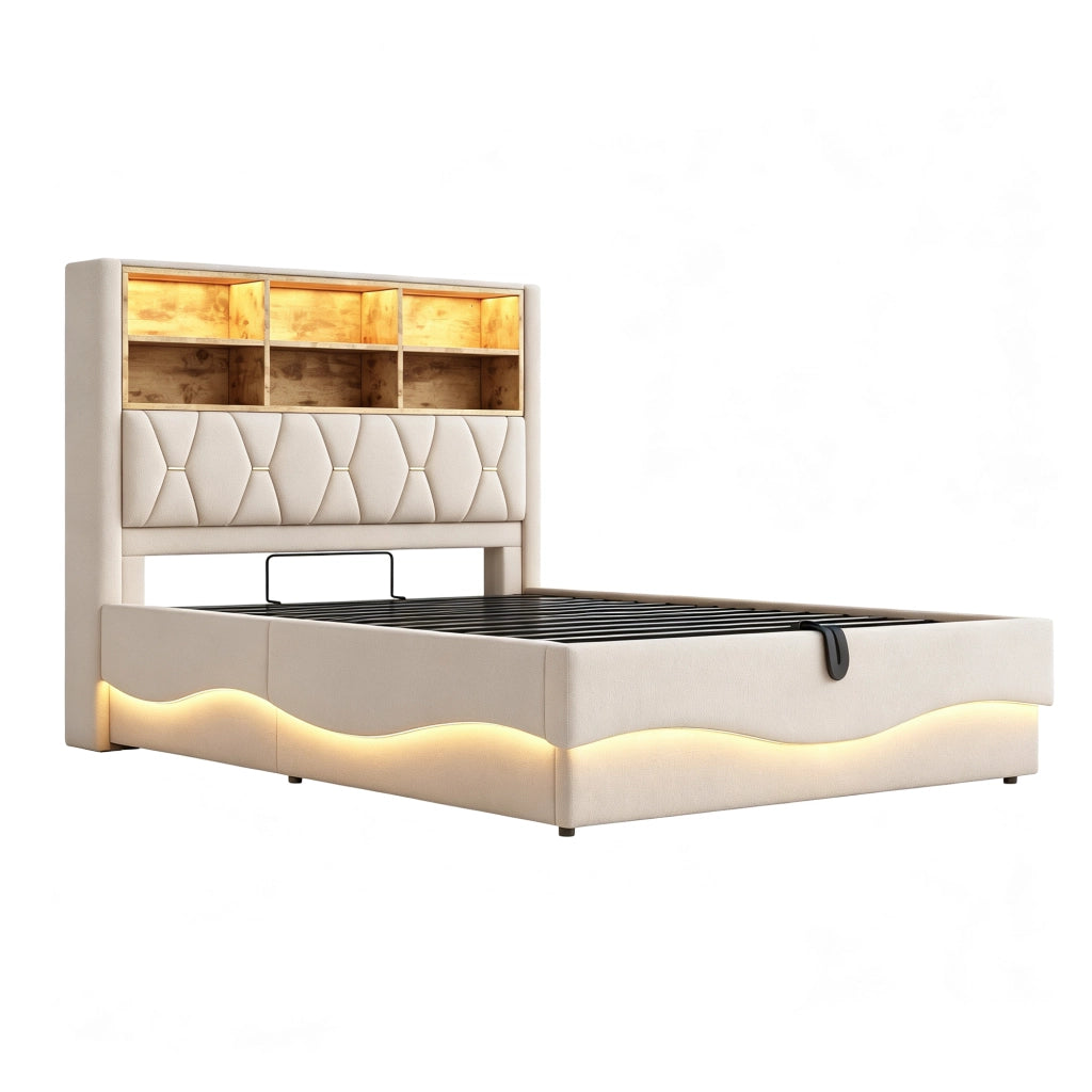 Letto imbottito beige 140x200 con contenitore idraulico e illuminazione LED