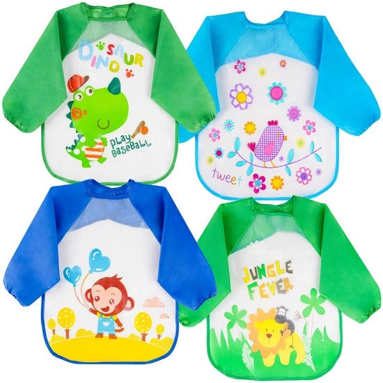 Slabbetjes per Bambino con Maniche Lunghe, 4-Pack Slabbetje per Bambino Idrorepellente, Slabbetje senza Maniche, Lavabile, Unisex per Schilderia, Gioco, Cibo, Attività Creativa, Schilderia, 4 Modelli, Adatto per Bambini di 6-36 Mesi