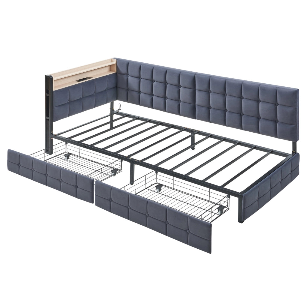 Letto imbottito 90x200 cm con LED; cassetti e USB in tessuto grigio