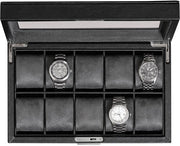 Cassaforte in pelle lana con 10 compartimenti - orologeria in legno, organizzatore per orologi, imbottitura ultradolce in microsuede, contenitore per orologi con coperchio chiuso e vetrata grande
