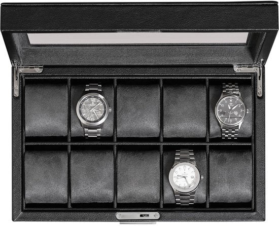 Cassaforte in pelle lana con 10 compartimenti - orologeria in legno, organizzatore per orologi, imbottitura ultradolce in microsuede, contenitore per orologi con coperchio chiuso e vetrata grande