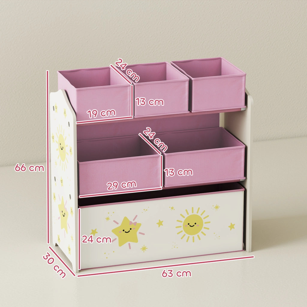 Scaffale Portagiochi 63x30x66 cm a 3 Livelli 6 Cesti in Tessuto Non Tessuto Rosa