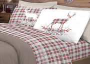 Completo Lenzuola Flanella Pensieri Delicati 100% Cotone Disegno Cervo Tartan - Singolo - Rosso