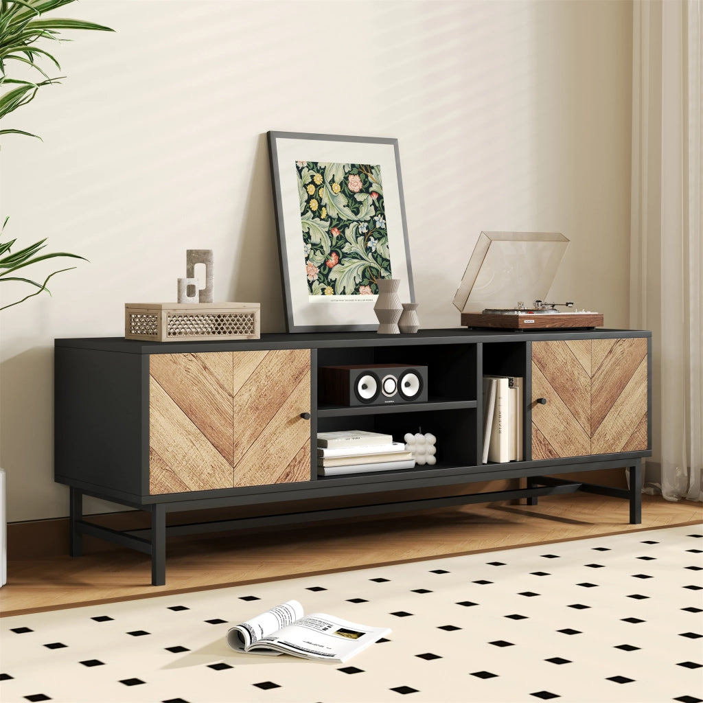Mobile TV con 2 Ante e 3 Vani; Stile Moderno Minimalista; Soggiorno; 150??38??55 cm; in Truciolare e Ferro; Nero e Naturale