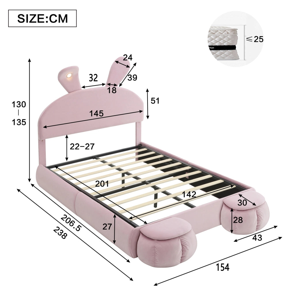 Letto matrimoniale imbottito 140x200 cm in velluto rosa con contenitore; LED e 2 pouf contenitore