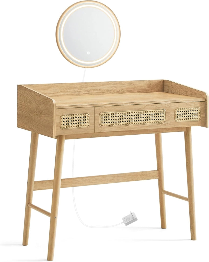 SONGMICS HOME Tavolo da Toeletta con Specchio e Luce, Tavolo da Trucco, 3 Cassetti Effetto Rattan, Luce con 3 Colori, Stile Bohemien, Camera da Letto, Rovere Beige RVT007Y01