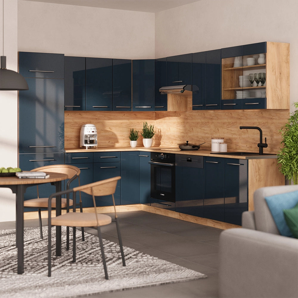 Cucina angolare completa Fame-Line Blu scuro lucido/Rovere dorato 227 x 60 cm, PL Antracite Vicco