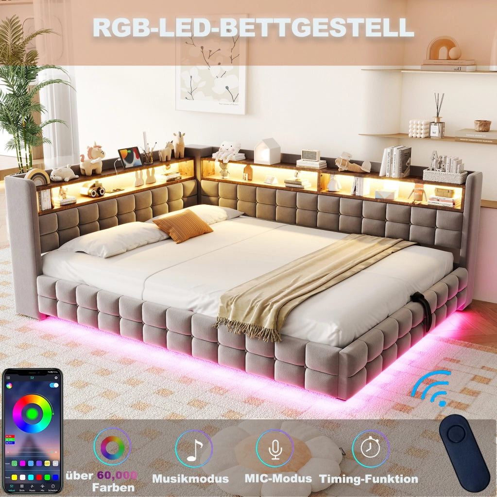 Divano letto imbottito multifunzione 140x200 cm in velluto grigio chiaro con LED e vano contenitore