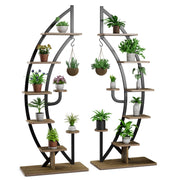 Set di 2 scaffali per piante in metallo a 7 livelli, Scaffali a forma di mezza luna curva con gancio superiore Nero-Scaffali per piante