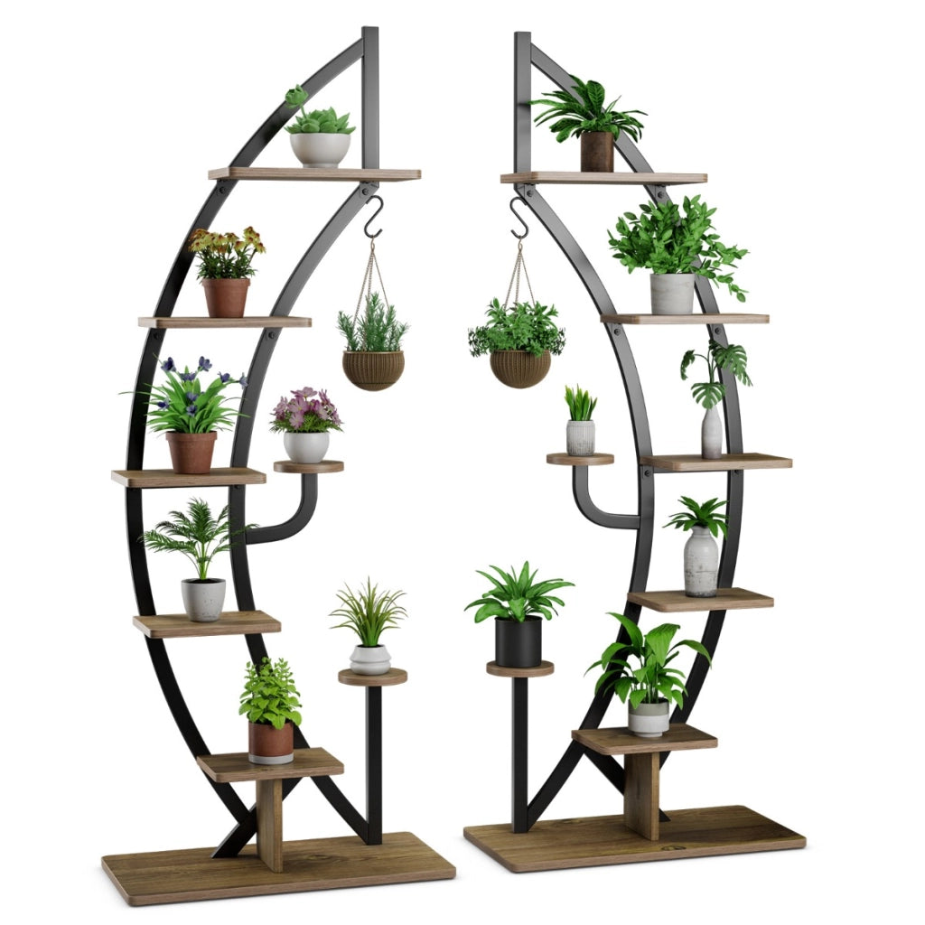 Set di 2 scaffali per piante in metallo a 7 livelli, Scaffali a forma di mezza luna curva con gancio superiore Nero-Scaffali per piante