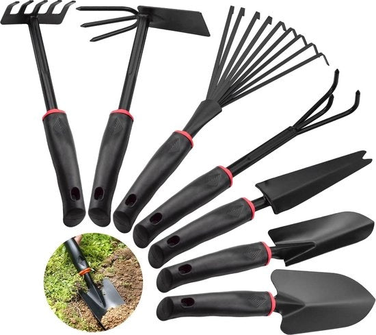 Set di giardinaggio da 7 pezzi - coltivatore rastrello vanga giardinaggio antiscivolo trasplantatrici rastrello per fiori rastrello per semi dimensioni per la piantagione e il manutenimento