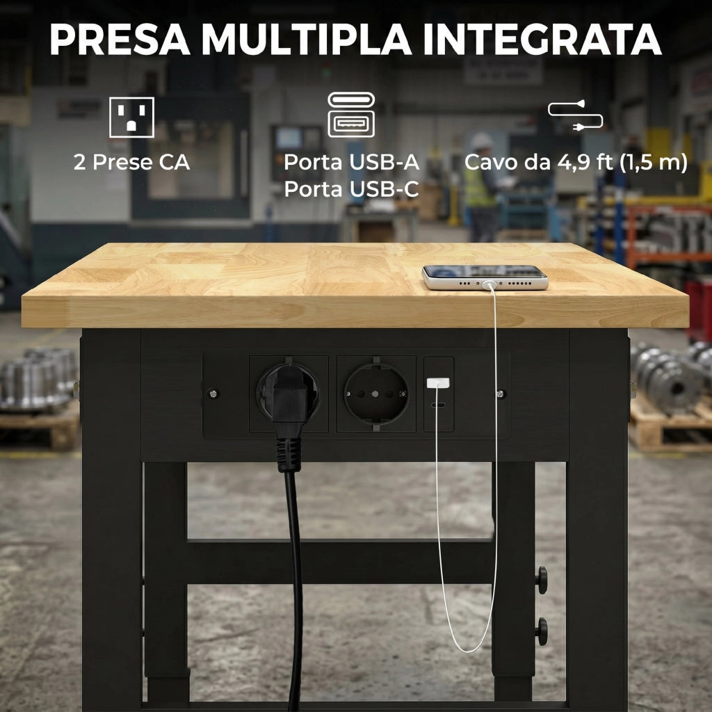 Banco da Lavoro in Legno e Acciaio Altezza Regolabile. 2 Prese AC. Capacit¨¤ 900 kg. Color Legno e Nero