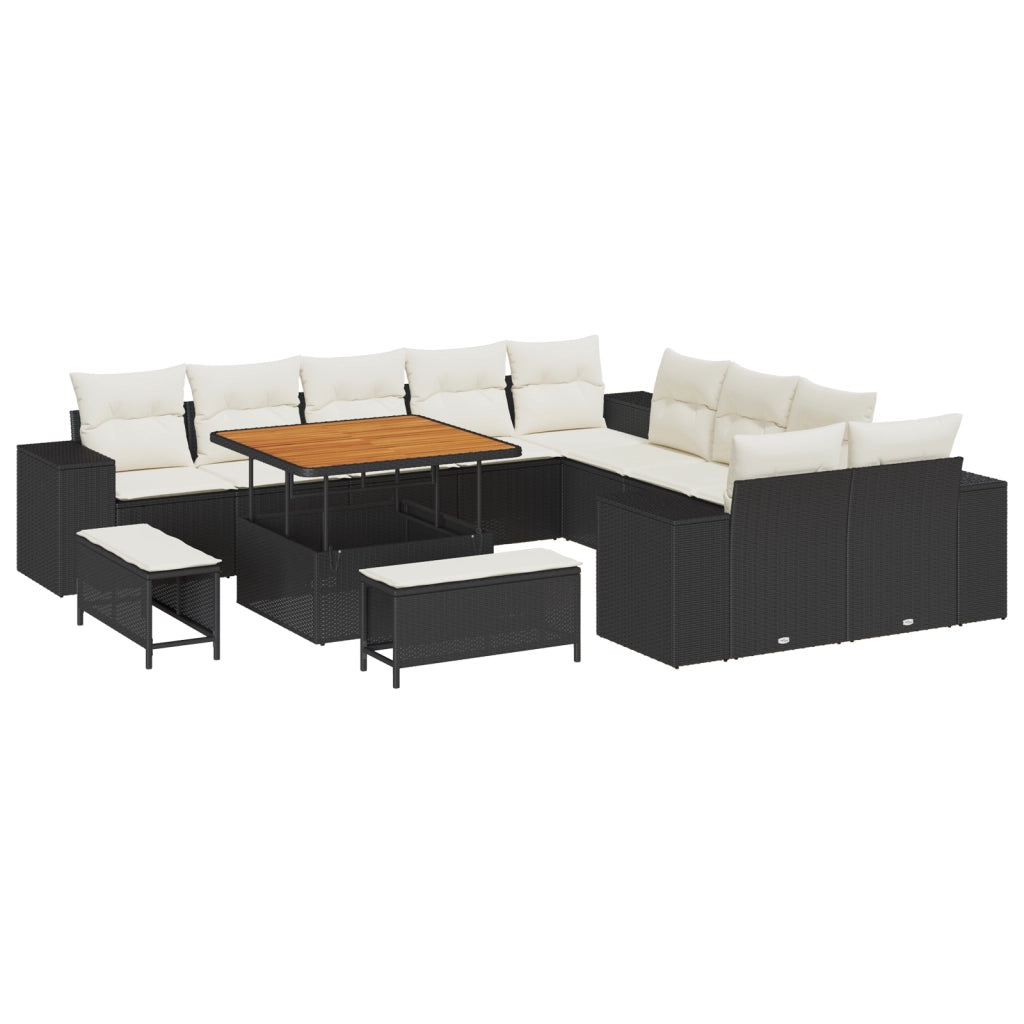 Set di Divani da Giardino con Cuscini Neri in Polyrattan Acacia da 13 Pezzi
