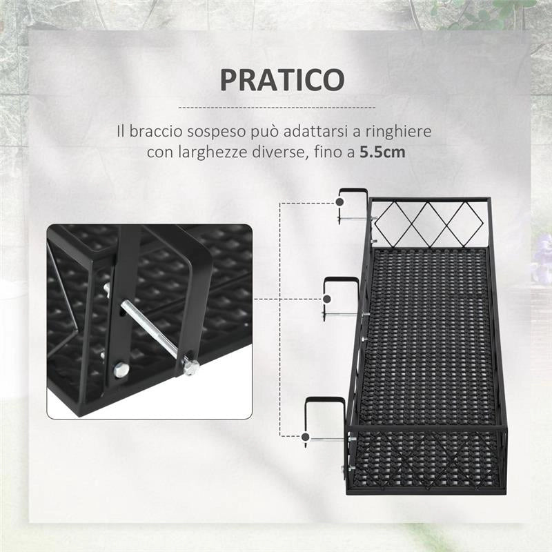 FIORIERA DA ESTERNO PORTAVASO CON GANCI PER RINGHIERA E BALCONE IN METALLO 100X31X12 CM NERO