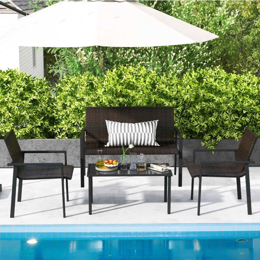 Set di mobili da giardino 4 pezzi, Set di tavolo e sedie in intrecciato di vimini su telaio metallico galvanizzato Marrone-Set mobili da esterno