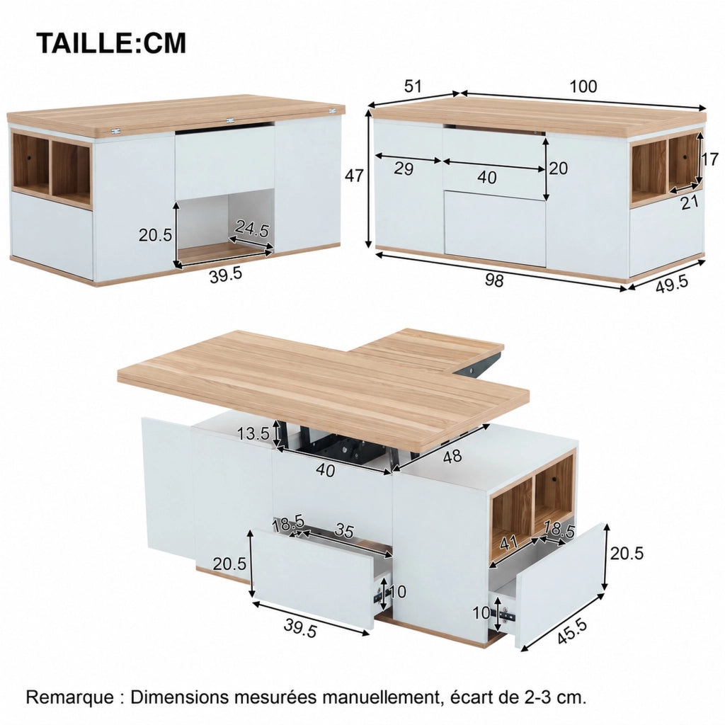 Tavolino basso sollevabile con 2 cassetti, 1 anta e vani aperti, per soggiorno, bianco e legno, 100 × 51 × 47 cm