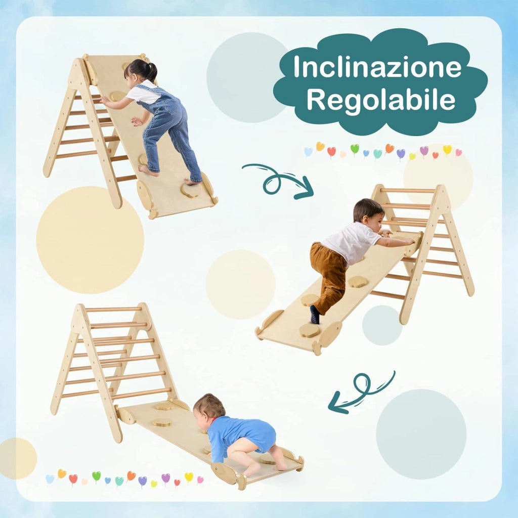 3 in 1 Arrampicata Giocattolo a Triangolo per Bambini, Set di Arrampicata con Rampa di Scivolo a 2 Lati e Inclinazione Regolabile, Arrampicatore per Bambini 1 Anno+ (Naturale)