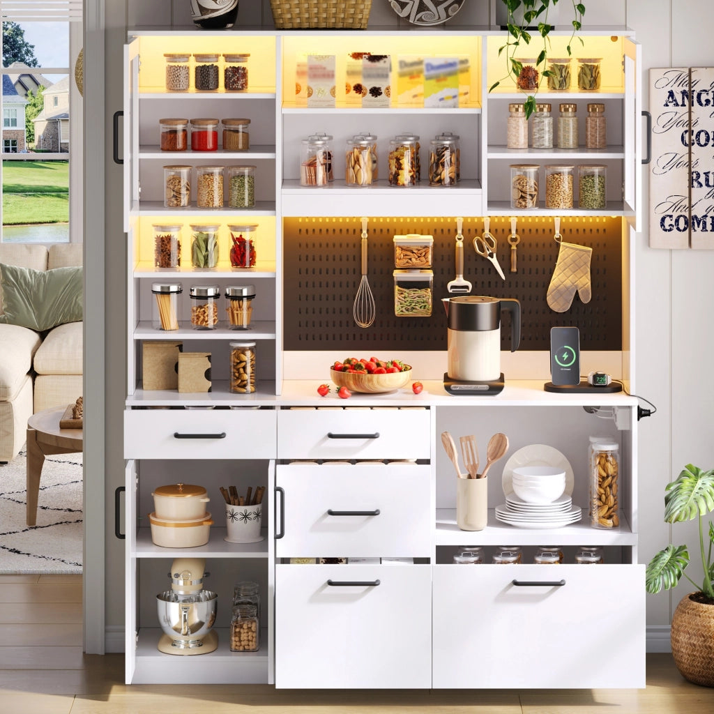 Credenza da cucina con LED RGB, prese e 5 cassetti, ripiani regolabili, per cucina, bianco, 185 × 145 × 40 cm