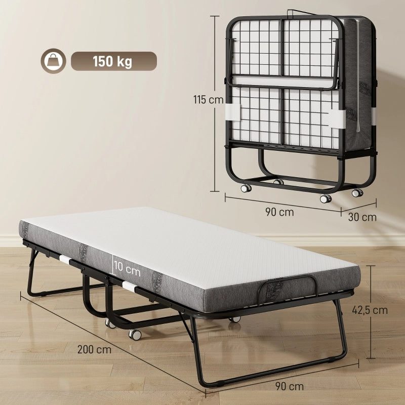 Letto per ospiti, letto pieghevole, letto da viaggio con ruote, materasso, acciaio, bianco+nero
