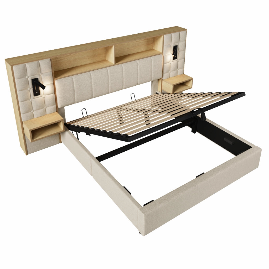 Letto Contenitore 160 x 200 cm; USB; Type-C; 2 Lampade da Lettura e 2 Comodini - Beige