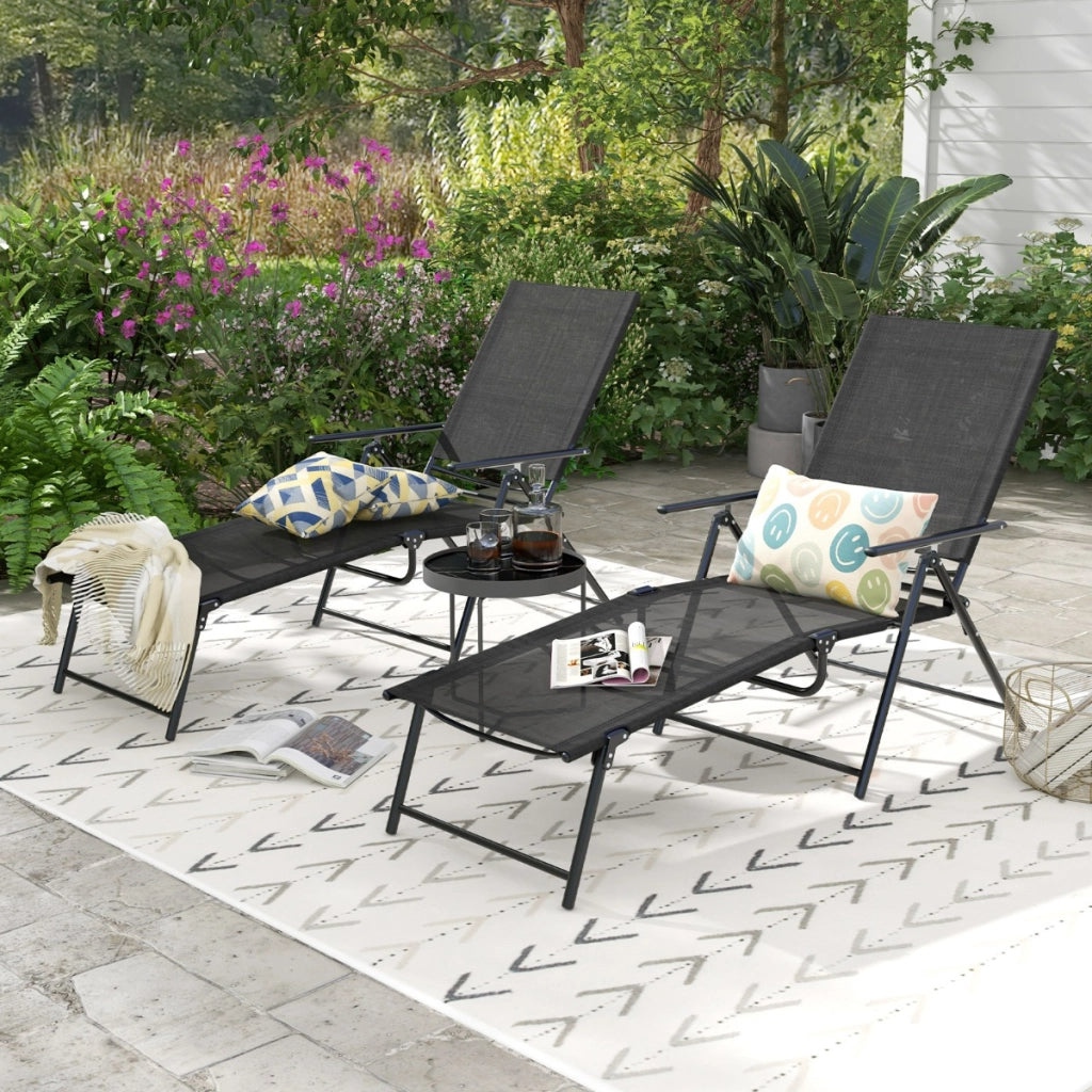 Sedie a sdraio pieghevoli per giardino, Set di 2 sedie reclinabili da esterno con schienale a 6 livelli Nero