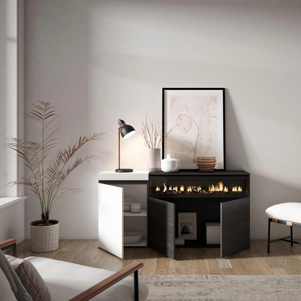 Credenza, Mobile, 150x35x75cm, 3 Porte, Camino elettrico, Bianco e nero RF2506