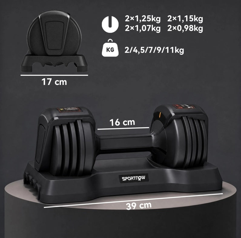 Set Manubri Regolabili 2-11 kg con Supporto Compatto e Impugnatura Antiscivolo