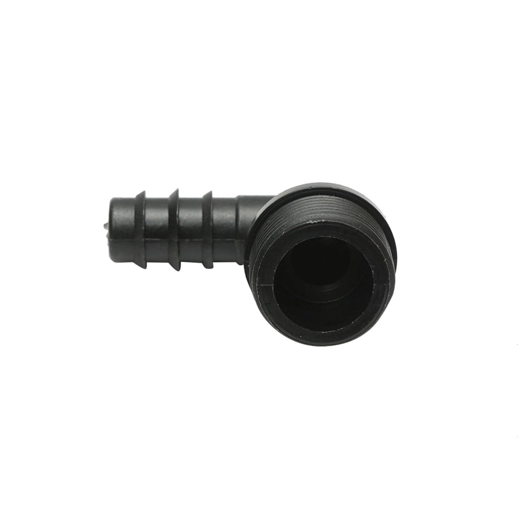 Gomito per tubo di gocciolamento con filettatura esterna D16mm x 3/4 per sistemi di irrigazione.