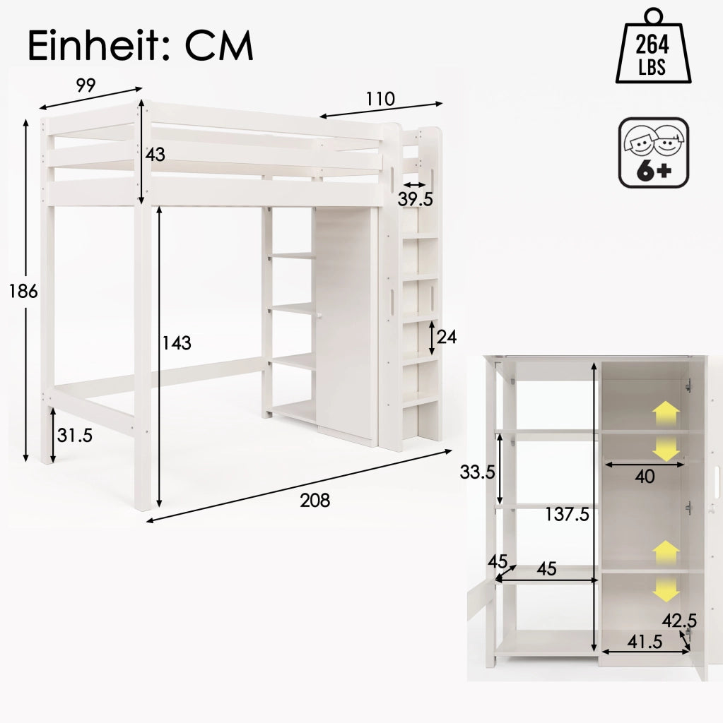 Letto a soppalco 90x200 cm con armadio e 6 ripiani, bianco