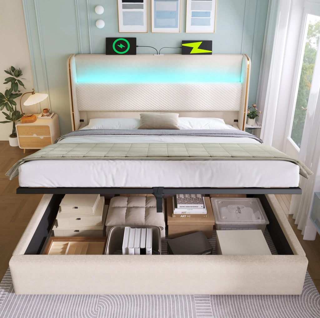 Letto matrimoniale idraulico con testiera alta, LED, USB/Type-C e contenitore