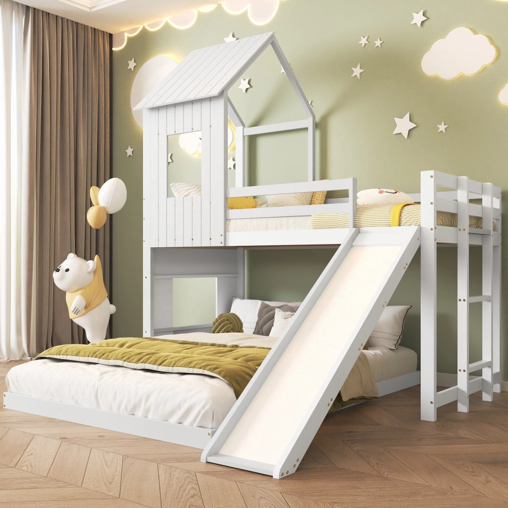 Letto a castello con scivolo, design a casetta, con scala laterale e protezioni di sicurezza