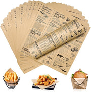 Papier alimentare - Papiro per alimenti unto - Papiro per imballaggio da buttare - Papiro per panini retro per patatine - pollo fritto - burger - torta (25 x 25 cm)