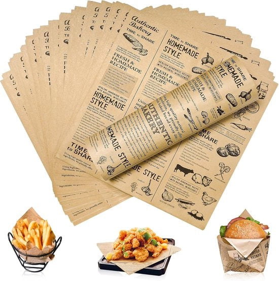 Papier alimentare - Papiro per alimenti unto - Papiro per imballaggio da buttare - Papiro per panini retro per patatine - pollo fritto - burger - torta (25 x 25 cm)