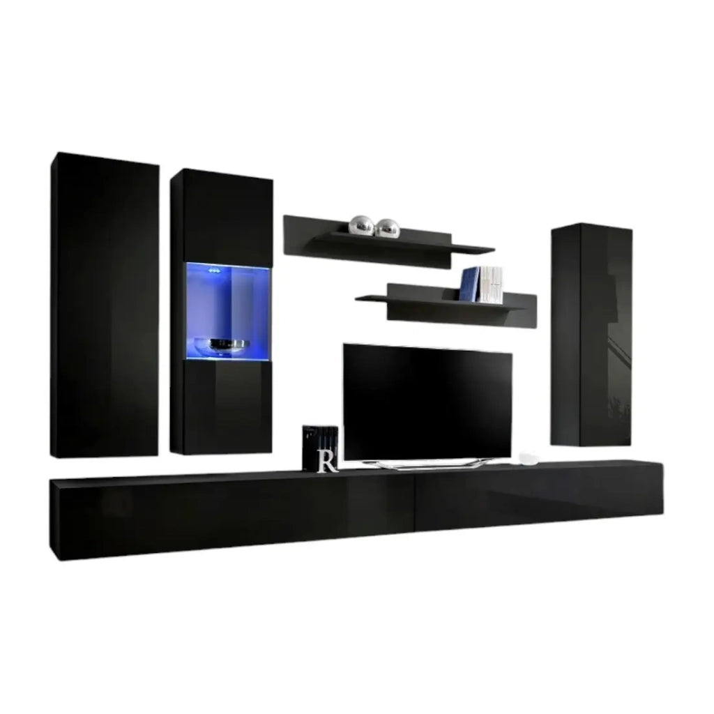 Mobile TV FLY E5 design, colore nero lucido. Mobile sospeso moderno e alla moda per il tuo soggiorno.