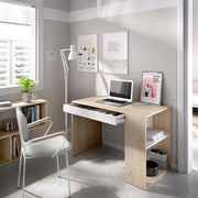 Scrivania Arianella, Scrittoio multiuso da ufficio o cameretta, Tavolo da studio lineare con scaffali, 115x50h74 cm, Rovere e Bianco