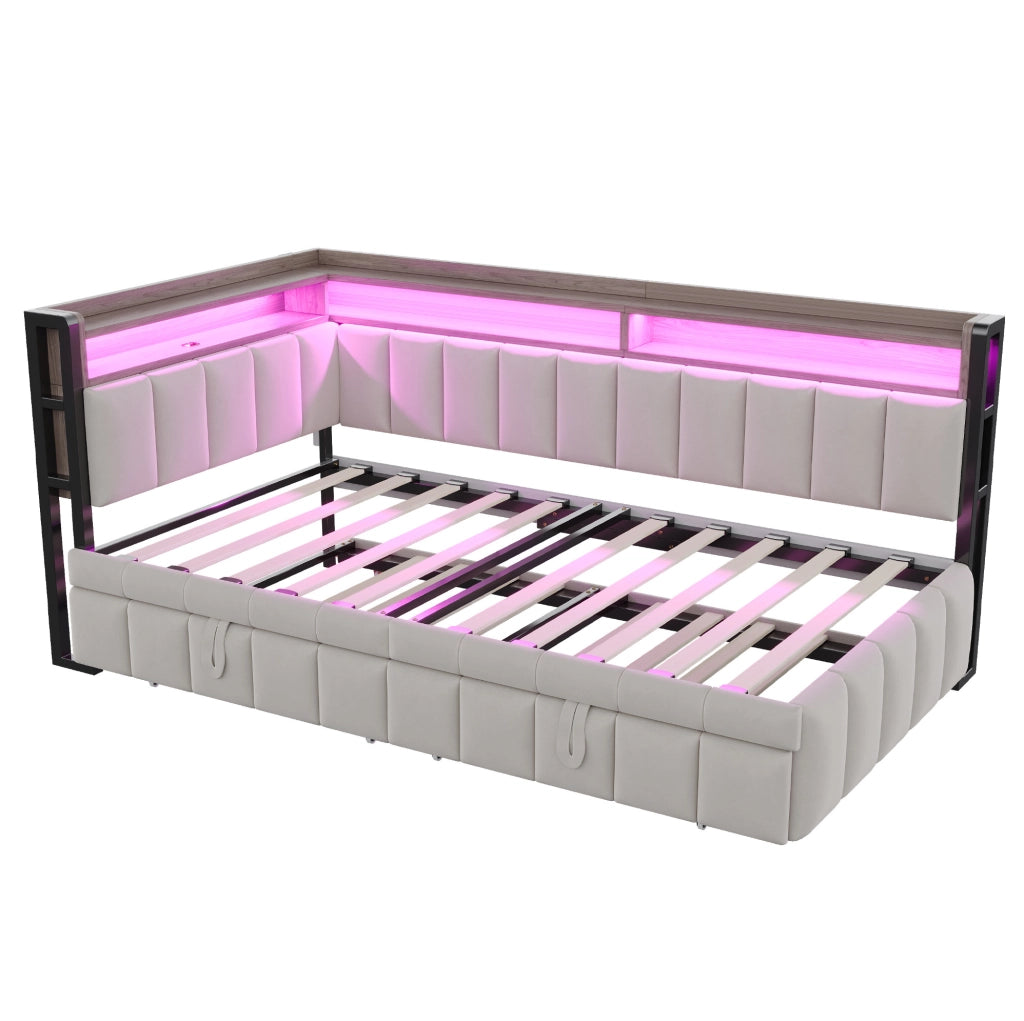 Divano letto 90x200 cm con letto estraibile, LED, USB e vani portaoggetti