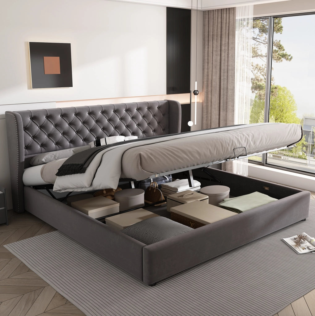 Letto matrimoniale imbottito 160x200 cm in velluto grigio con testiera alta e contenitore