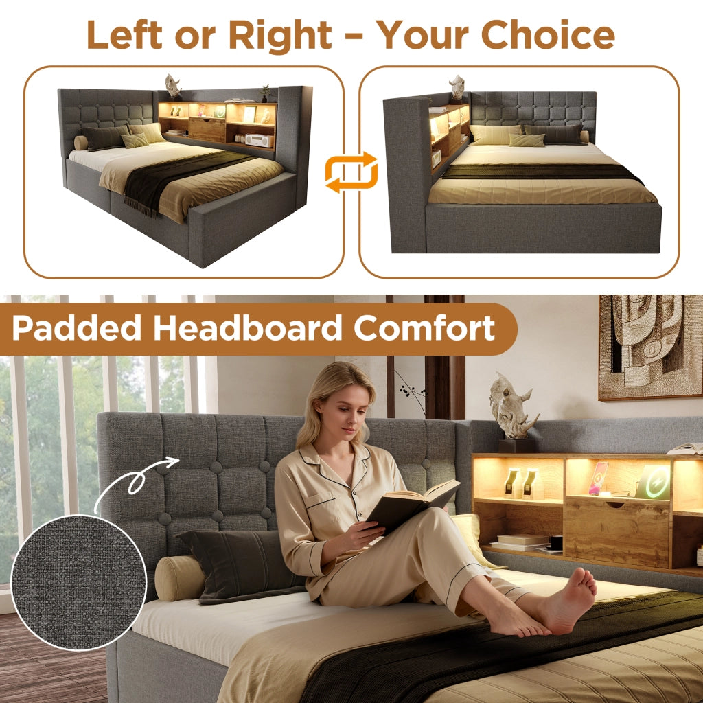 OKWISH Letto Contenitore 90×200 cm, Letto Singolo con LED Regolabile, USB e Tipo C, Testiera a L Reversibile, senza Materasso, Grigio