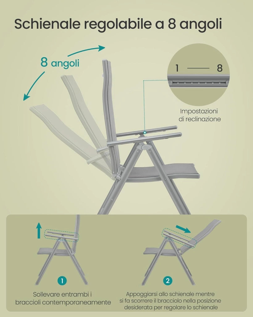 SONGMICS Sedie da Giardino, Set di 4 Sedie Pieghevoli, per Esterno, con Struttura in Metallo, Schienale Regolabile in 8 Posizioni, Capacità di Carico fino a 150 kg, Grigio GCB30GY